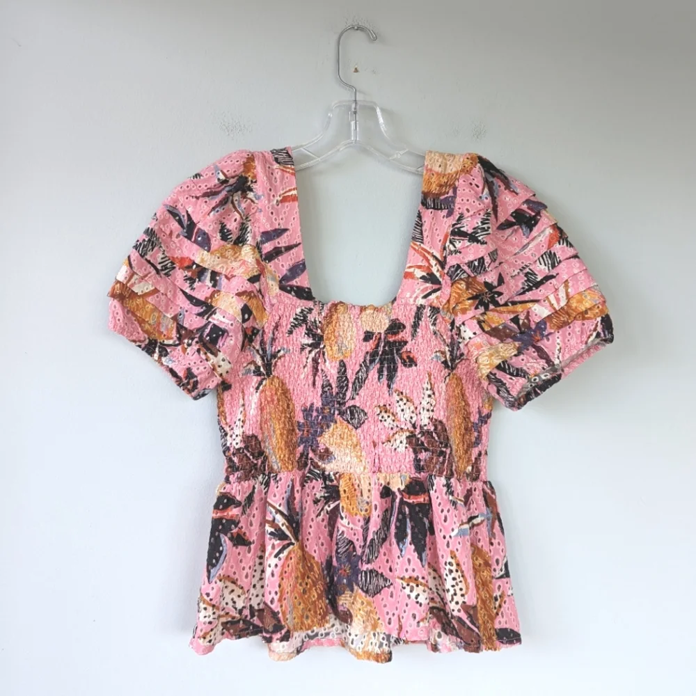 FARM Rio Pink Floral Smocked Puff-Sleeve Blouse